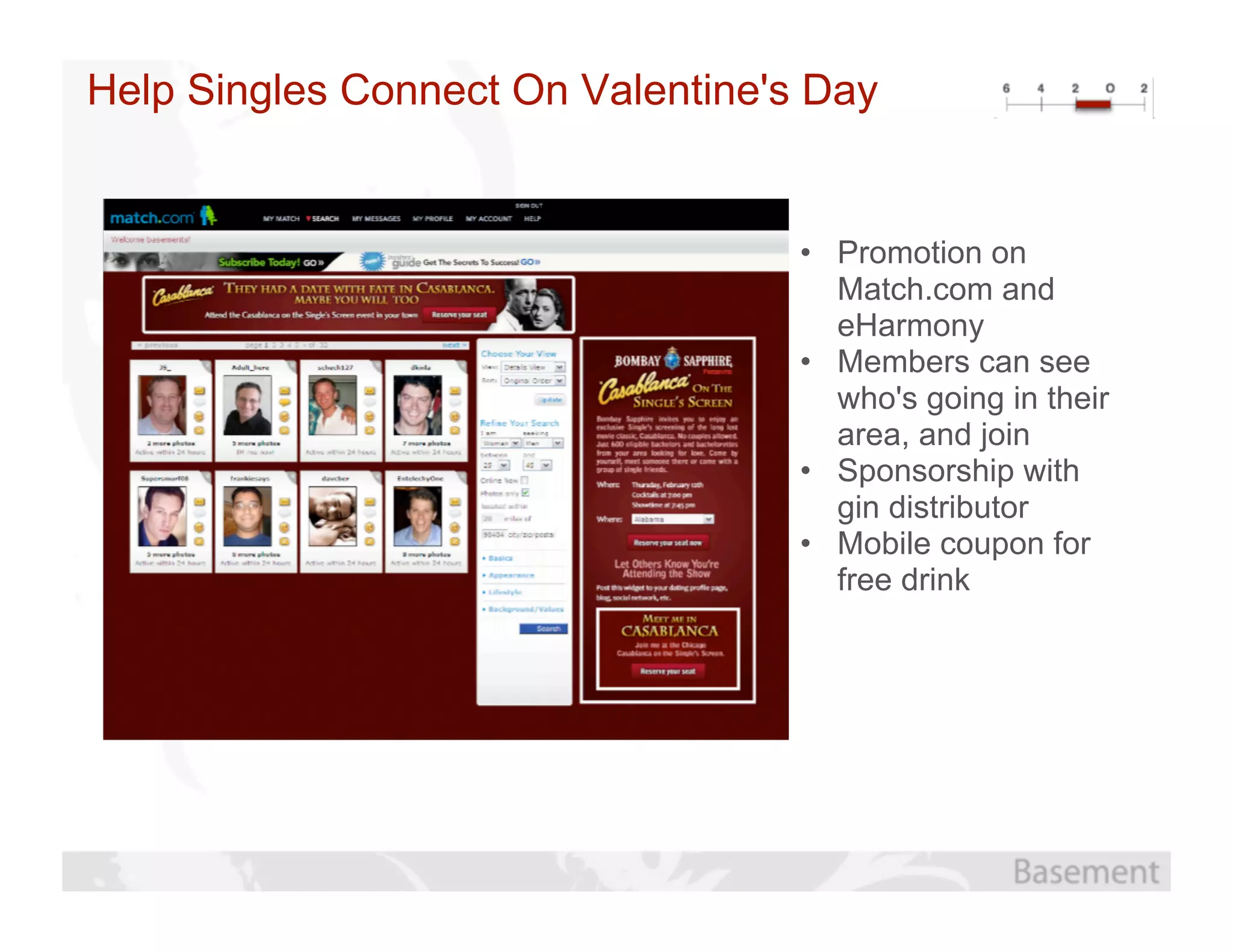 Help Singles Connect On Valentine's Day


                                   • Promotion on
                                     Match.com and
                                     eHarmony
                                   • Members can see
                                     who's going in their
                                     area, and join
                                   • Sponsorship with
                                     gin distributor
                                   • Mobile coupon for
                                     free drink
 