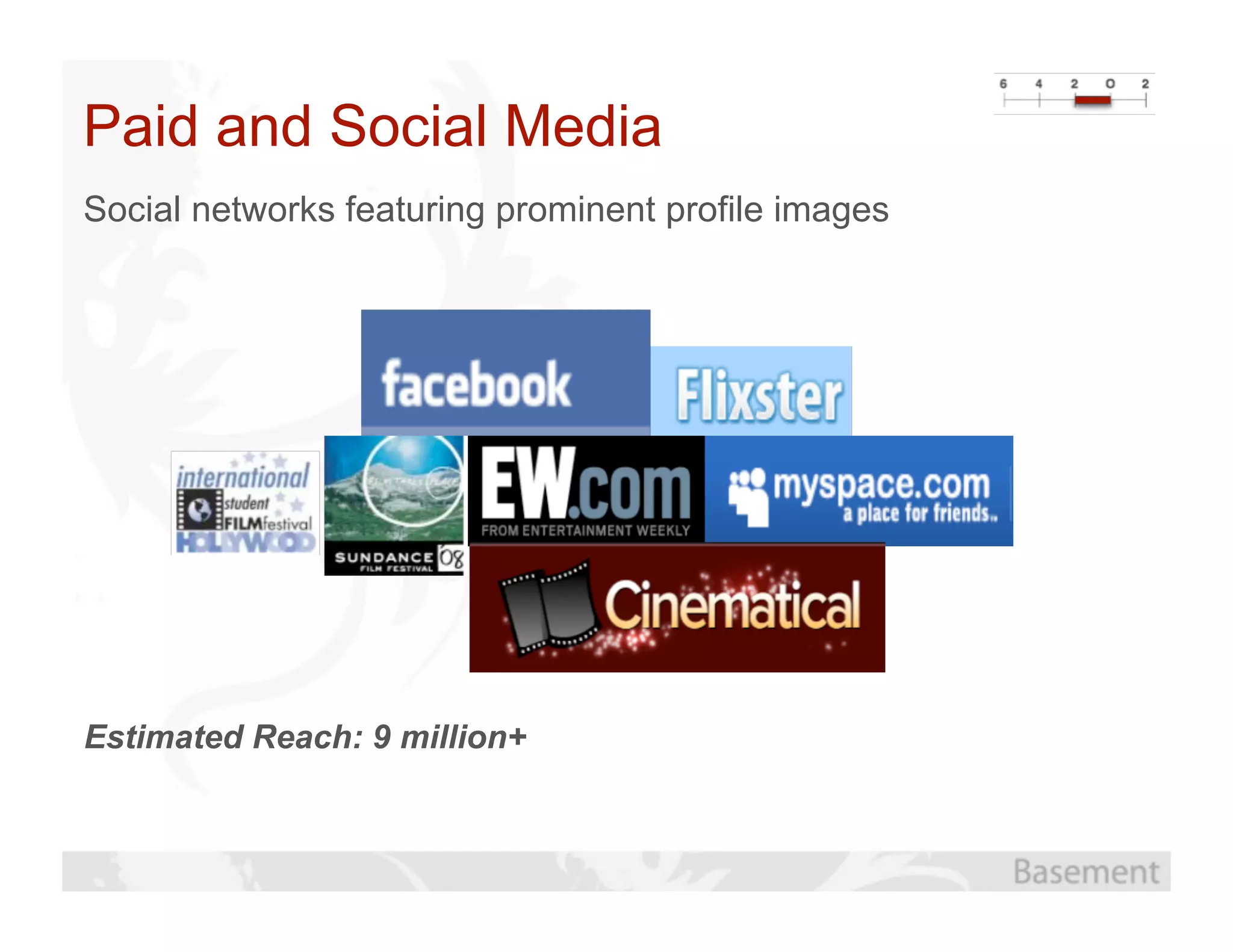Paid and Social Media
Social networks featuring prominent profile images




Estimated Reach: 9 million+
 
