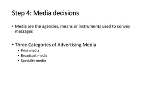 Step 4: Media decisions
• Media are the agencies, means or instruments used to convey
messages
• Three Categories of Advertising Media
• Print media
• Broadcast media
• Specialty media
 