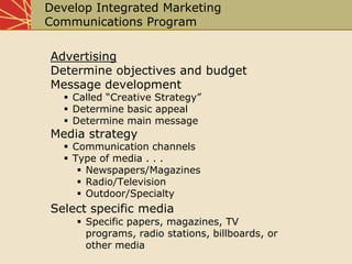 Develop Integrated Marketing
Communications Program
Advertising
Determine objectives and budget
Message development
 Call...