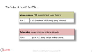 The „rules of thumb‟ for FOD...


                 Visual/manual FOD inspections at Large Airports


                 Rule :     1 pcs of FOD on the runway every 2 months




                 Automated runway scanning at Large Airports

                 Rule :      1 pc of FOD every 2 days on the runway




INSIGHT SRI                    All Rights Reserved © 2011, Iain McCreary and Insight SRI   18
 