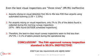 Even the best visual inspections are “three nines” (99.9%) ineffective

    1. Airports relying on visual detection find 30x to 40x less FOD than airports using
       automated scanning (1/30 = 3.33%)

    2. For airports relying on visual inspections, only 2% to 3% of the debris found is
       collected during the morning runway inspections
       (97% - 98% found OUTSIDE scheduled inspections)

    3. Therefore, the best-in-class visual runway inspections seem to find less than
       3%*3% = 0.1% of debris present during the operational day


                 CONCLUSION? The FAA approved runway inspection
                         standard is 99.9% INEFFECTIVE!

                              ICAO 4 per day requirements only slightly better
INSIGHT SRI                         All Rights Reserved © 2011, Iain McCreary and Insight SRI   19
 