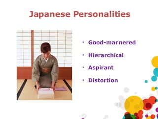 Japanese Personalities


           • Good-mannered

           • Hierarchical

           • Aspirant

           • Distor...
