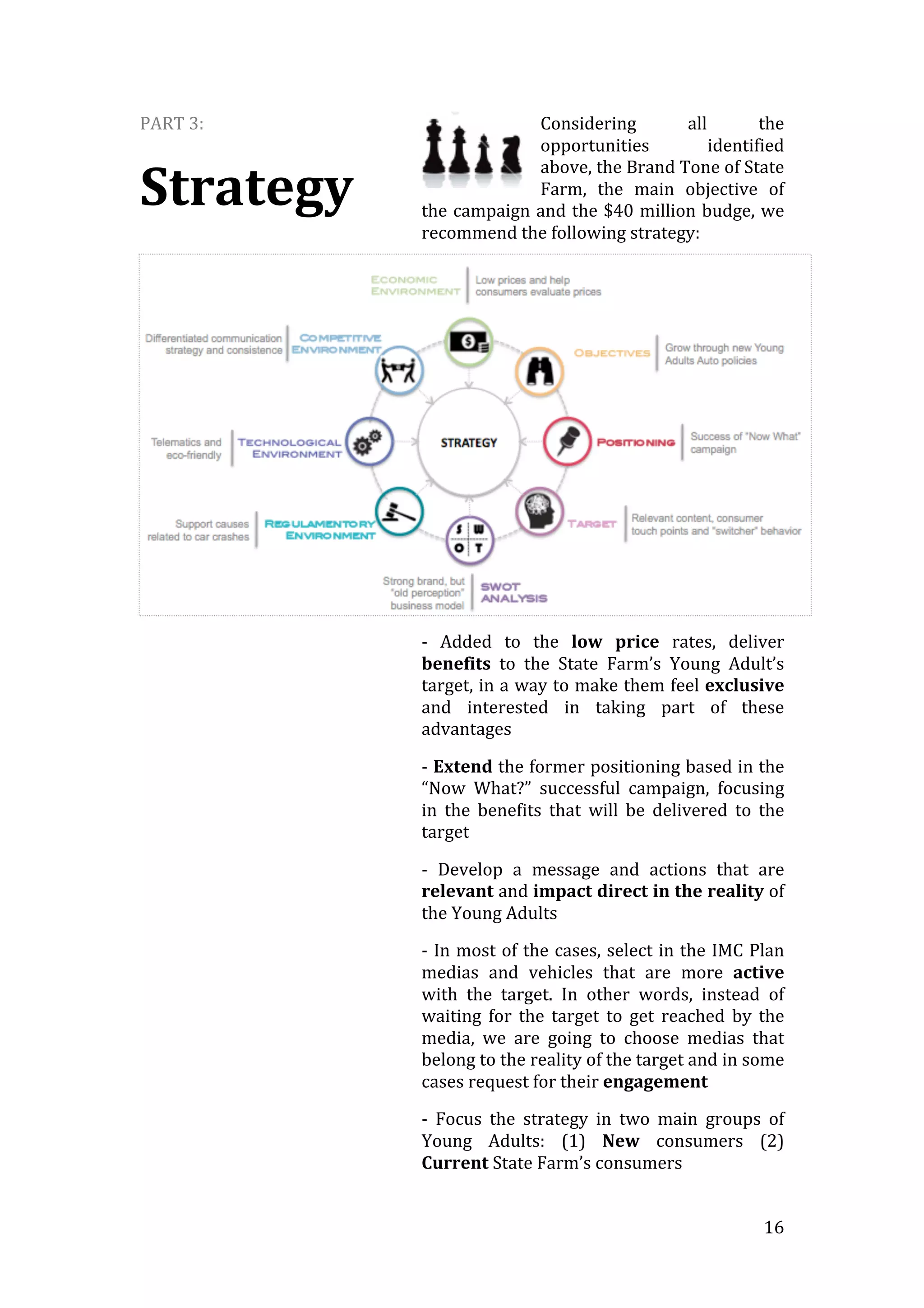   16	
  
PART	
  3:	
  
Strategy	
  
Considering	
   all	
   the	
  
opportunities	
   identified	
  
above,	
  the	
  Brand	
  Tone	
  of	
  State	
  
Farm,	
   the	
   main	
   objective	
   of	
  
the	
  campaign	
  and	
  the	
  $40	
  million	
  budge,	
  we	
  
recommend	
  the	
  following	
  strategy:	
  
-­‐	
   Added	
   to	
   the	
   low	
   price	
   rates,	
   deliver	
  
benefits	
   to	
   the	
   State	
   Farm’s	
   Young	
   Adult’s	
  
target,	
  in	
  a	
  way	
  to	
  make	
  them	
  feel	
  exclusive	
  
and	
   interested	
   in	
   taking	
   part	
   of	
   these	
  
advantages	
  
-­‐	
  Extend	
  the	
  former	
  positioning	
  based	
  in	
  the	
  
“Now	
   What?”	
   successful	
   campaign,	
   focusing	
  
in	
   the	
   benefits	
   that	
   will	
   be	
   delivered	
   to	
   the	
  
target	
  
-­‐	
   Develop	
   a	
   message	
   and	
   actions	
   that	
   are	
  
relevant	
  and	
  impact	
  direct	
  in	
  the	
  reality	
  of	
  
the	
  Young	
  Adults	
  
-­‐	
  In	
  most	
  of	
  the	
  cases,	
  select	
  in	
  the	
  IMC	
  Plan	
  
medias	
   and	
   vehicles	
   that	
   are	
   more	
   active	
  
with	
   the	
   target.	
   In	
   other	
   words,	
   instead	
   of	
  
waiting	
   for	
   the	
   target	
   to	
   get	
   reached	
   by	
   the	
  
media,	
   we	
   are	
   going	
   to	
   choose	
   medias	
   that	
  
belong	
  to	
  the	
  reality	
  of	
  the	
  target	
  and	
  in	
  some	
  
cases	
  request	
  for	
  their	
  engagement	
  
-­‐	
   Focus	
   the	
   strategy	
   in	
   two	
   main	
   groups	
   of	
  
Young	
   Adults:	
   (1)	
   New	
   consumers	
   (2)	
  
Current	
  State	
  Farm’s	
  consumers	
  
 