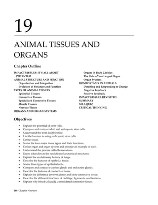 19
____________________________________________________________________________________________



ANIMAL TISSUES AND
ORGANS
Chapter Outline
IMPACTS/ISSUES: IT’S ALL ABOUT                               Organs in Body Cavities
  POTENTIAL                                                  The Skin—Your Largest Organ
ANIMAL STRUCTURE AND FUNCTION                                Organ Systems
   Organization and Integration                           HOMEOSTASIS IN ANIMALS
   Evolution of Structure and Function                       Detecting and Responding to Change
TYPES OF ANIMAL TISSUES                                      Negative Feedback
   Epithelial Tissues                                        Positive Feedback
   Connective Tissues                                     IMPACTS/ISSUES REVISITED
   Specialized Connective Tissues                         SUMMARY
   Muscle Tissues                                         SELF-QUIZ
   Nervous Tissue                                         CRITICAL THINKING
ORGANS AND ORGAN SYSTEMS


Objectives
        Explain the potential of stem cells.
        Compare and contrast adult and embryonic stem cells.
        Understand the term dedifferentiate.
        List the barriers to using embryonic stem cells.
        Define tissue.
        Name the four major tissue types and their functions.
        Define organ and organ system and provide an example of each.
        Understand the process called homeostasis.
        Know what directs the evolution of anatomical structures.
        Explain the evolutionary history of lungs.
        Describe the features of epithelial tissue.
        Name three types of epithelial cells.
        Compare and contrast exocrine glands and endocrine glands.
        Describe the features of connective tissue.
        Explain the difference between dense and loose connective tissue.
        Describe the different functions of cartilage, ligaments, and tendons.
        Explain why blood (a liquid) is considered connective tissue.


166 Chapter Nineteen
 