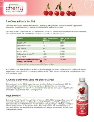 Compare the Oxygen Radical Absorbance Capacity (ORAC) of some popular nutritional supplements.
Immunotec Tart Montmorency Cherry Concentrate beats them hands down!
The ORAC score is a definitive test for assessing the antioxidant strength of potential antioxidant compounds.
The higher the score, the stronger the antioxidant capability of the compound.
Product ORAC Score / Ounce
(29.57 mL)
ORAC Score / Bottle
(32 oz)
Sea Silver™ 90 2,880
EB Tahitian Noni™ 165 5,280
Goji Juice™ 380 12,160
Xango Juice™ 530 16,960
YL Berry Young Juice™ 1,000 32,000
Eniva VIBE™ 2,600 83,200
Immunotec Tart Montmorency
Cherry Concentrate
5,000 160,000*
*bottle size is 16 oz, this value represents ORAC score for 32 oz.
And studies at the Jean Mayer USDA Human Nutrition Research Center on Aging at Tufts University in Boston
suggest that consuming fruits and vegetables with a high ORAC value may help slow the aging process in
both body and brain.
Did you know that the ORAC value of a serving of fresh fruits and vegetables is 800? By
incorporating Immunotec Tart Montmorency Cherry Concentrate into your daily
supplement program, not only will you sleep better and feel less achy, you’ll be getting the
antioxidant value of more than 6 servings of fruit!
Did you know that there is the equivalent of between 80 to 100 cherries per fluid ounce of
Immunotec Tart Montmorency Cherry Concentrate? That means that the goodness of
between 1,280 and 1,600 cherries is in every bottle! Can you imagine what you would pay
for that many cherries at the grocery store? And fresh cherries are available only for a
very short season. The delicious taste and freshness of Cherry Concentrate is assured by its
FDA-approved bottle.
 