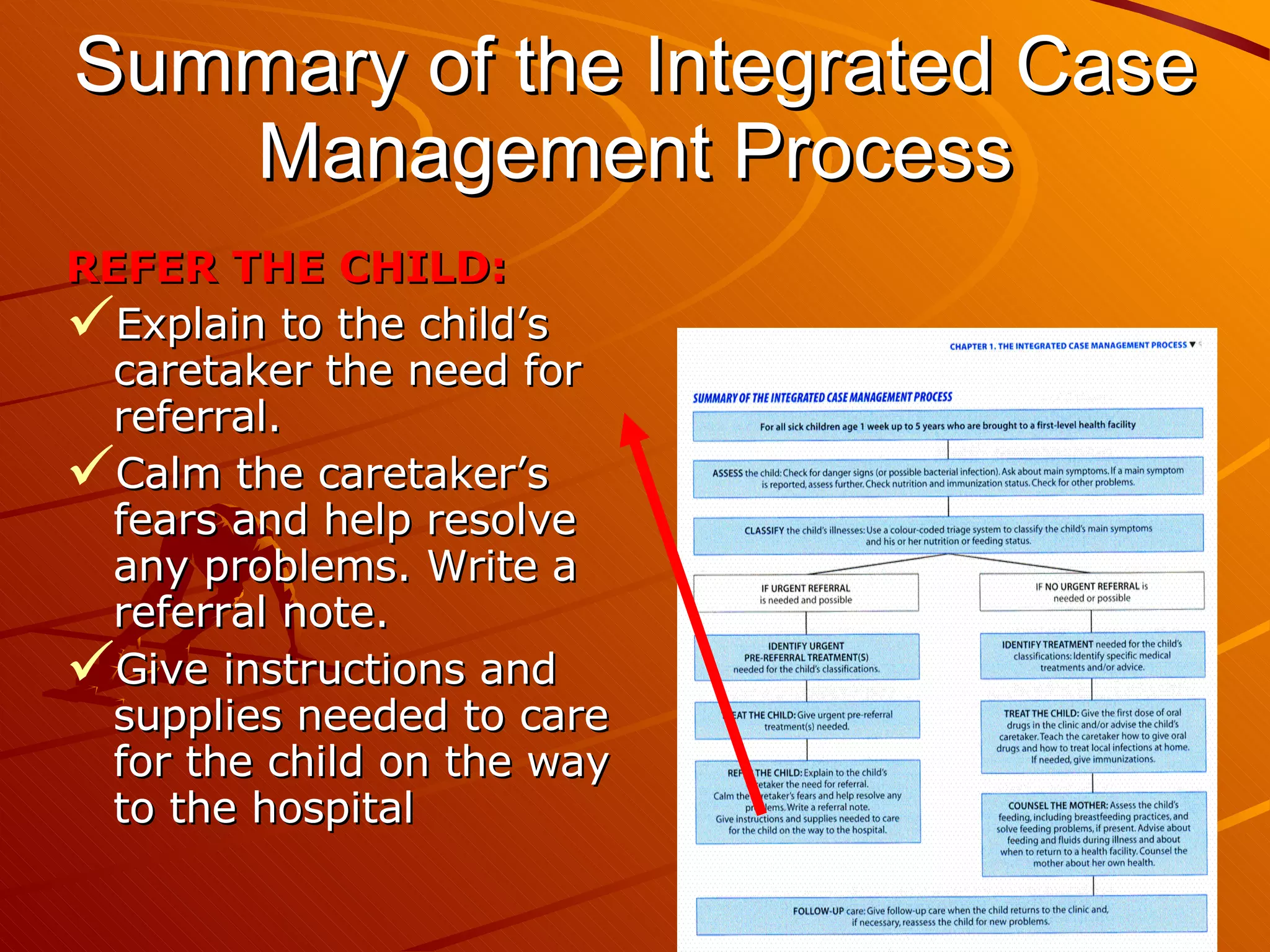 Summary of the Integrated Case Management Process REFER THE CHILD: Explain to the child’s caretaker the need for referral.  Calm the caretaker’s fears and help resolve any problems. Write a referral note.  Give instructions and supplies needed to care for the child on the way to the hospital 