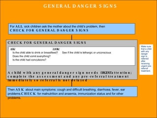 GENERAL DANGER SIGNS For  ALL  sick children ask the mother about the child’s problem, then CHECK FOR GENERAL DANGER SIGNS CHECK FOR GENERAL DANGER SIGNS A child with any general danger sign needs  URGENT  attention; complete the assessment and any pre-referral treatment immediately so referral is not delayed ASK:  LOOK:  Is the child able to drink or breastfeed?   See if the child is lethargic or unconscious   Does the child vomit everything?  Is the child had convulsions? Make sure that a child with any danger sign is referred after receiving urgent pre-referral treatment. Then  ASK  about main symptoms: cough and difficult breathing, diarrhoea, fever, ear problems. CHECK  for malnutrition and anaemia, immunization status and for other problems. 