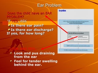Ear Problem Does the child have an EAR PROBLEM? IF  YES , ASK Is there ear pain? Is there ear discharge? If yes, for how long? LOOK AND FEEL: Look and pus draining from the ear Feel for tender swelling behind the ear. 
