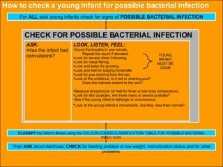 YOUNG INFANT MUST BE CALM How to check a young infant for possible bacterial infection CHECK FOR POSSIBLE BACTERIAL INFECTION For  ALL  sick young infants check for signs of  POSSIBLE BACTERIAL INFECTION ASK: Has the infant had convulsions? LOOK, LISTEN, FEEL: Count the breaths in one minute. Repeat the count if elevated. Look for severe chest indrawing. Look for nasal flaring Look and listen for grunting. Look and feel for bulging fontanelle. Look for pus draining from the ear. Look at the umbilicus. Is it red or draining pus? Does the redness extend to the skin? Measure temperature (or feel for fever or low body temperature) Look for skin pustules. Are there many or severe pustules? See if the young infant is lethargic or unconscious. Look at the young infants’s movements. Are they  less than normal? CLASSIFY  the infant’s illness using the COLOUR-CODED-CLASSIFICATION TABLE FOR POSSIBLE BACTERIAL INFECTION. Then  ASK  about diarrhoea.  CHECK  for feeding problem or low weight, immunization status and for other problems. 