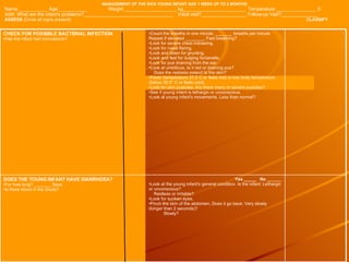 MANAGEMENT OF THE SICK YOUNG INFANT AGE 1 WEEK UP TO 2 MONTHS Name:___________ Age:___________ Weight:____________________ kg________________________ Temperature:_______________ C ASK: What are the infant's problems?__________________________________  Initial visit?_________________ Follow-up Visit?______________ ASSESS  (Circle all signs present)     CLASSIFY Yes _____  No  ______ Look at the young infant's general condition. Is the infant: Lethargic or unconscious? Restless or irritable? Look for sunken eyes. Pinch the skin of the abdomen. Does it go back: Very slowly (longer than 2 seconds)? Slowly? DOES THE YOUNG INFANT HAVE DIARRHOEA? For how long? _______ Days Is there blood in the stools? Count the breaths in one minute. _______ breaths per minute Repeat if elevated ________ Fast breathing? Look for severe chest indrawing.  Look for nasal flaring. Look and listen for grunting. Look and feel for bulging fontanelle.  Look for pus draining from the ear.  Look at umbilicus. Is it red or draining pus? Does the redness extend to the skin? Fever (temperature 37.5 C or feels hot) or low body temperature  (below 35.5° C or feels cool).  Look for skin pustules. Are there many or severe pustules? See if young infant is lethargic or unconscious. Look at young infant's movements. Less than normal? CHECK FOR POSSIBLE BACTERIAL INFECTION Has the infant had convulsions? 