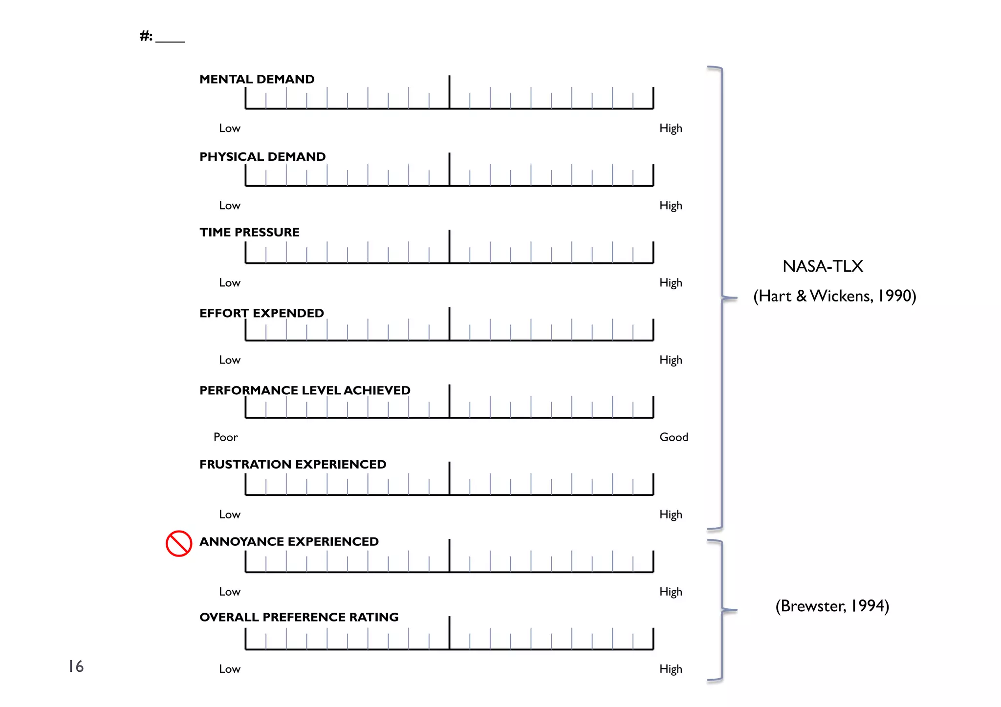 #: ____

               MENTAL DEMAND


                 Low                        High

               PHYSICAL DEMAND


                 Low                        High

               TIME PRESSURE

                                                      NASA-TLX
                 Low                        High
                                                   (Hart & Wickens, 1990)
               EFFORT EXPENDED


                 Low                        High

               PERFORMANCE LEVEL ACHIEVED


                Poor                        Good

               FRUSTRATION EXPERIENCED



                 Low                        High

              ANNOYANCE EXPERIENCED



                 Low                        High
                                                     (Brewster, 1994)
               OVERALL PREFERENCE RATING



16               Low                        High
 