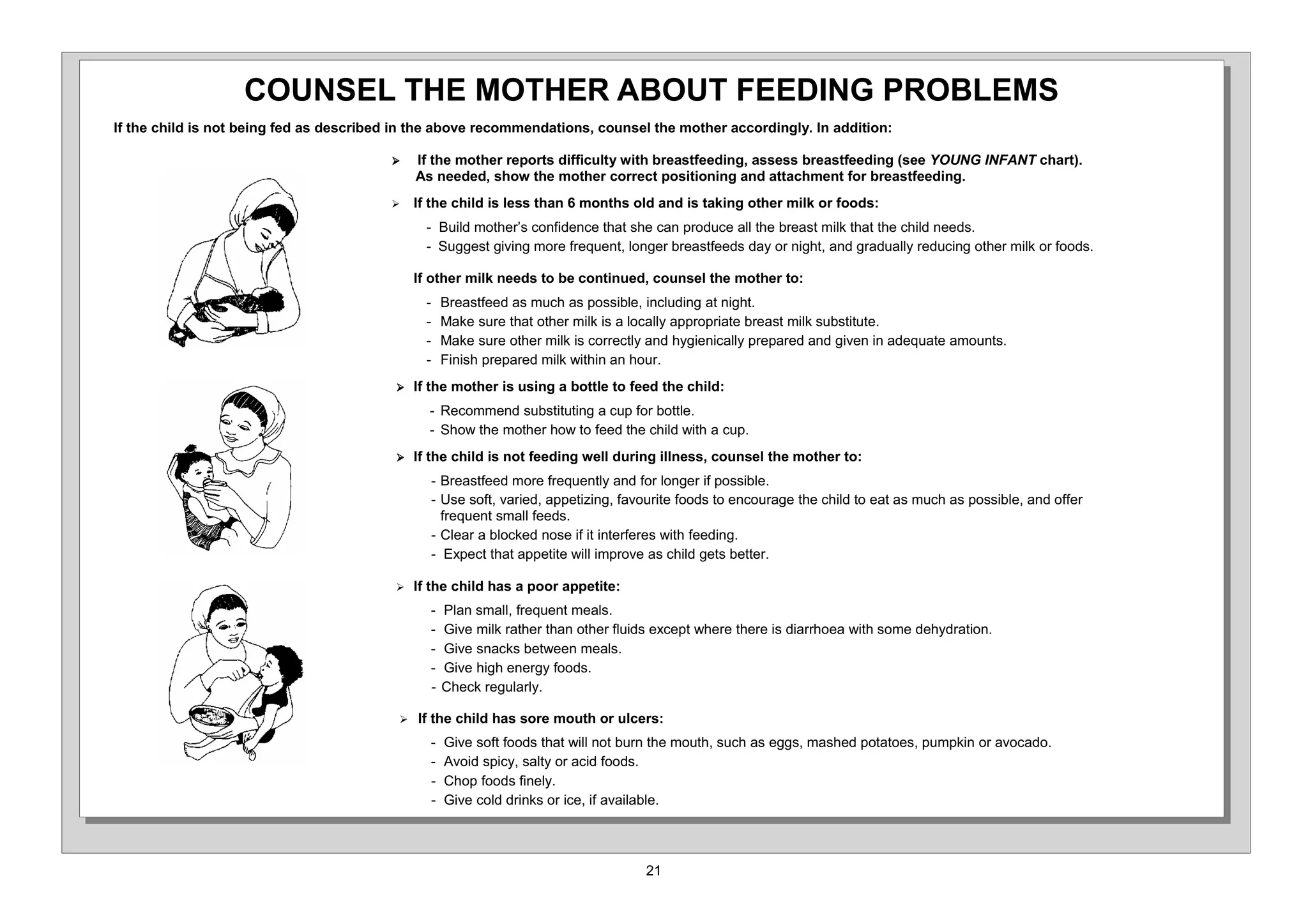 2816(/ 7+( 027+(5 $%287 )((',1* 352%/(06
,I WKH FKLOG LV QRW EHLQJ IHG DV GHVFULEHG LQ WKH DERYH UHFRPPHQGDWLRQV FRXQVHO WKH PRWKHU DFFRUGLQJO ,Q DGGLWLRQ

                                        ¾     ,I WKH PRWKHU UHSRUWV GLIILFXOW ZLWK EUHDVWIHHGLQJ DVVHVV EUHDVWIHHGLQJ VHH 281* ,1)$17 FKDUW
                                              $V QHHGHG VKRZ WKH PRWKHU FRUUHFW SRVLWLRQLQJ DQG DWWDFKPHQW IRU EUHDVWIHHGLQJ
                                        ¾     ,I WKH FKLOG LV OHVV WKDQ   PRQWKV ROG DQG LV WDNLQJ RWKHU PLON RU IRRGV
                                                  %XLOG PRWKHU¶V FRQILGHQFH WKDW VKH FDQ SURGXFH DOO WKH EUHDVW PLON WKDW WKH FKLOG QHHGV
                                                  6XJJHVW JLYLQJ PRUH IUHTXHQW ORQJHU EUHDVWIHHGV GD RU QLJKW DQG JUDGXDOO UHGXFLQJ RWKHU PLON RU IRRGV

                                              ,I RWKHU PLON QHHGV WR EH FRQWLQXHG FRXQVHO WKH PRWKHU WR
                                                  %UHDVWIHHG DV PXFK DV SRVVLEOH LQFOXGLQJ DW QLJKW
                                                  0DNH VXUH WKDW RWKHU PLON LV D ORFDOO DSSURSULDWH EUHDVW PLON VXEVWLWXWH
                                                  0DNH VXUH RWKHU PLON LV FRUUHFWO DQG KJLHQLFDOO SUHSDUHG DQG JLYHQ LQ DGHTXDWH DPRXQWV
                                                  )LQLVK SUHSDUHG PLON ZLWKLQ DQ KRXU
                                         ¾    ,I WKH PRWKHU LV XVLQJ D ERWWOH WR IHHG WKH FKLOG
                                                  5HFRPPHQG VXEVWLWXWLQJ D FXS IRU ERWWOH
                                                  6KRZ WKH PRWKHU KRZ WR IHHG WKH FKLOG ZLWK D FXS
                                         ¾    ,I WKH FKLOG LV QRW IHHGLQJ ZHOO GXULQJ LOOQHVV FRXQVHO WKH PRWKHU WR
                                                  %UHDVWIHHG PRUH IUHTXHQWO DQG IRU ORQJHU LI SRVVLEOH
                                                  8VH VRIW YDULHG DSSHWL]LQJ IDYRXULWH IRRGV WR HQFRXUDJH WKH FKLOG WR HDW DV PXFK DV SRVVLEOH DQG RIIHU
                                                  IUHTXHQW VPDOO IHHGV
                                                  OHDU D EORFNHG QRVH LI LW LQWHUIHUHV ZLWK IHHGLQJ
                                                   ([SHFW WKDW DSSHWLWH ZLOO LPSURYH DV FKLOG JHWV EHWWHU

                                         ¾    ,I WKH FKLOG KDV D SRRU DSSHWLWH
                                                  3ODQ VPDOO IUHTXHQW PHDOV
                                                  *LYH PLON UDWKHU WKDQ RWKHU IOXLGV H[FHSW ZKHUH WKHUH LV GLDUUKRHD ZLWK VRPH GHKGUDWLRQ
                                                  *LYH VQDFNV EHWZHHQ PHDOV
                                                  *LYH KLJK HQHUJ IRRGV
                                                  KHFN UHJXODUO

                                          ¾   ,I WKH FKLOG KDV VRUH PRXWK RU XOFHUV
                                                   *LYH VRIW IRRGV WKDW ZLOO QRW EXUQ WKH PRXWK VXFK DV HJJV PDVKHG SRWDWRHV SXPSNLQ RU DYRFDGR
                                                   $YRLG VSLF VDOW RU DFLG IRRGV
                                                   KRS IRRGV ILQHO
                                                   *LYH FROG GULQNV RU LFH LI DYDLODEOH
 