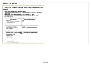 COUNSEL THE MOTHER
ADVISE THE MOTHER TO GIVE HOME CARE FOR THE YOUNG
INFANT
1. EXCLUSIVELY BREASTFEED THE YOUNG INFANT
Give only breastfeeds to the young infant. Breastfeed frequently, as often and for as long as the
infant wants.
2. MAKE SURE THAT THE YOUNG INFANT IS KEPT WARM AT ALL TIMES.
In cool weather cover the infant's head and feet and dress the infant with extra clothing.
3. WHEN TO RETURN:
Follow up visit
If the infant has: Return for first follow-up in:
JAUNDICE 1 day
LOCAL BACTERIAL INFECTION
FEEDING PROBLEM
THRUSH
DIARRHOEA
2 days
LOW WEIGHT FOR AGE 14 days
CONFIRMED HIV INFECTION
HIV EXPOSED
According to national recommendations
WHEN TO RETURN IMMEDIATELY:
Advise the mother to return immediately if the young infant has any of these
signs:
Breastfeeding poorly
Reduced activity
Becomes sicker
Develops a fever
Feels unusually cold
Fast breathing
Difficult breathing
Palms and soles appear yellow
 