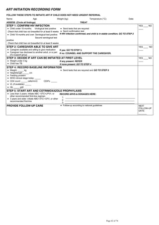 ART INITIATION RECORDING FORM
FOLLOW THESE STEPS TO INITIATE ART IF CHILD DOES NOT NEED URGENT REFERRAL
Name: Age: Weight (kg): Date:
ASSESS (Circle all findings) TREAT
STEP 1: CONFIRM HIV INFECTION YES ____ NO
____Child under 18 months: Virological test positive
Check that child has not breastfed for at least 6 weeks
Child 18 months and over: Serological test positive
Second serological test
positive
Check that child has not breastfed for at least 6 weeks
Send tests that are required
Send confirmation test
If HIV infection confirmed, and child is in stable condition, GO TO STEP 2
STEP 2: CAREGIVER ABLE TO GIVE ART YES ____ NO
____Caregiver available and willing to give medication
Caregiver has disclosed to another adult, or is part
of a support group
If yes: GO TO STEP 3.
If no: COUNSEL AND SUPPORT THE CAREGIVER.
STEP 3: DECIDE IF ART CAN BE INITIATED AT FIRST LEVEL YES ____ NO
____Weight under 3 kg
Child has TB
If any present: REFER
If none present: GO TO STEP 4
STEP 4: RECORD BASELINE INFORMATION
Weight: _____ kg
Height/length _____ cm
Feeding problem
WHO clinical stage today: _____
CD4 count: _____ cells/mm3 CD4%: _____
VL (if available): _____
Hb: _____ g/dl
Send tests that are required and GO TO STEP 5
STEP 5: START ART AND COTRIMOXAZOLE PROPHYLAXIS
Less than 3 years: initiate ABC +3TC+LPV/r, or
other recommended first-line regimen
3 years and older: initiate ABC+3TC+ EFV, or other
recommended first-line
RECORD ARVS & DOSAGES HERE:
1. ____________________________________________________________
2. ____________________________________________________________
3. ____________________________________________________________
PROVIDE FOLLOW-UP CARE Follow-up according to national guidelines NEXT
FOLLOW-UP
DATE:
_______
 