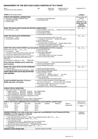 MANAGEMENT OF THE SICK CHILD AGED 2 MONTHS UP TO 5 YEARS
Name: Age: Weight (kg): Height/Length (cm):
Ask: What are the child's problems? Initial Visit? Follow-up Visit?
ASSESS (Circle all signs present) CLASSIFY
CHECK FOR GENERAL DANGER SIGN General danger sign
present?
Yes ___ No ___
Remember to use
Danger sign when
selecting
classifications
NOT ABLE TO DRINK OR BREASTFEED
VOMITS EVERYTHING
CONVULSIONS
LETHARGIC OR UNCONSCIOUS
CONVULSING NOW
DOES THE CHILD HAVE COUGH OR DIFFICULT BREATHING? Yes __ No __
For how long? ___ Days Count the breaths in one minute: ___ breaths per minute. Fast breathing?
Look for chest indrawing
Look and listen for stridor
Look and listen for wheezing
DOES THE CHILD HAVE DIARRHOEA? Yes __ No __
For how long? ___ Days
Is there blood in the stool?
Look at the childs general condition. Is the child:
Lethargic or unconscious? Restless and irritable?
Look for sunken eyes.
Offer the child fluid. Is the child:
Not able to drink or drinking poorly? Drinking eagerly, thirsty?
Pinch the skin of the abdomen. Does it go back:
Very slowly (longer then 2 seconds)? Slowly?
Yes __ No __
Decide malaria risk: High ___ Low ___ No___
For how long? ___ Days
If more than 7 days, has fever been present every day?
Has child had measles within the last 3 months?
Do a malaria test, if NO general danger sign in all cases in
high malaria risk or NO obvious cause of fever in low
malaria risk:
Test POSITIVE? P. falciparum P. vivax NEGATIVE?
Look or feel for stiff neck
Look for runny nose
Look for signs of MEASLES:
Generalized rash and
One of these: cough, runny nose, or red eyes
Look for any other cause of fever.
If the child has measles now or within the
last 3 months:
Look for mouth ulcers. If yes, are they deep and extensive?
Look for pus draining from the eye.
Look for clouding of the cornea.
DOES THE CHILD HAVE AN EAR PROBLEM? Yes __ No __
Is there ear pain?
Is there ear discharge? If Yes, for how long? ___ Days
Look for pus draining from the ear
Feel for tender swelling behind the ear
THEN CHECK FOR ACUTE MALNUTRITION
AND ANAEMIA
Look for oedema of both feet.
Determine WFH/L z-score:
Less than -3? Between -3 and -2? -2 or more ?
Child 6 months or older measure MUAC ____ mm.
Look for palmar pallor.
Severe palmar pallor? Some palmar pallor?
If child has MUAC less than 115 mm or
WFH/L less than -3 Z scores:
Is there any medical complication: General danger sign?
Any severe classification? Pneumonia with chest indrawing?
Child 6 months or older: Offer RUTF to eat. Is the child:
Not able to finish? Able to finish?
Child less than 6 months: Is there a breastfeeding problem?
CHECK FOR HIV INFECTION
Note mother's and/or child's HIV status
Mother's HIV test: NEGATIVE POSITIVE NOT DONE/KNOWN
Child's virological test: NEGATIVE POSITIVE NOT DONE
Child's serological test: NEGATIVE POSITIVE NOT DONE
If mother is HIV-positive and NO positive virological test in child:
Is the child breastfeeding now?
Was the child breastfeeding at the time of test or 6 weeks before it?
If breastfeeding: Is the mother and child on ARV prophylaxis?
CHECK THE CHILD'S IMMUNIZATION STATUS (Circle immunizations needed today) Return for next
immunization on:
________________
(Date)
BCG
OPV-0
Hep B0
DPT+HIB-1
OPV-1
Hep B1
RTV-1
PCV-1
DPT+HIB-2
OPV-2
Hep B2
RTV-2
PCV-2
DPT+HIB-3
OPV-3
Hep B3
RTV-3
PCV-3
Measles1 Measles 2 Vitamin A
Mebendazole
ASSESS FEEDING if the child is less than 2 years old, has MODERATE ACUTE MALNUTRITION,
ANAEMIA, or is HIV exposed or infected
FEEDING
PROBLEMS
Do you breastfeed your child? Yes ___ No ___
If yes, how many times in 24 hours? ___ times. Do you breastfeed during the night? Yes ___ No ___
Does the child take any other foods or fluids? Yes ___ No ___
If Yes, what food or fluids?
How many times per day? ___ times. What do you use to feed the child?
If MODERATE ACUTE MALNUTRITION: How large are servings?
Does the child receive his own serving? ___ Who feeds the child and how?
During this illness, has the child's feeding changed? Yes ___ No ___
If Yes, how?
ASSESS OTHER PROBLEMS: Ask about mother's own health
 