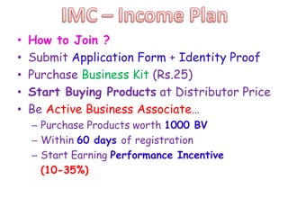 •
•
•
•
•

How to Join ?
Submit Application Form + Identity Proof
Purchase Business Kit (Rs.25)
Start Buying Products at Distributor Price
Be Active Business Associate…
– Purchase Products worth 1000 BV
– Within 60 days of registration
– Start Earning Performance Incentive
(10-35%)

 
