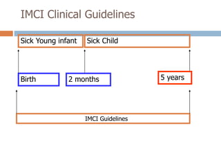 IMCI Clinical Guidelines
2 months 5 years
IMCI Guidelines
Sick Child
Birth
Sick Young infant
 