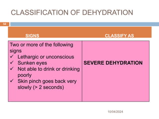 CLASSIFICATION OF DEHYDRATION
10/04/2024
54
SIGNS CLASSIFY AS
Two or more of the following
signs
 Lethargic or unconscious
 Sunken eyes
 Not able to drink or drinking
poorly
 Skin pinch goes back very
slowly (> 2 seconds)
SEVERE DEHYDRATION
 