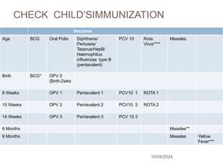 CHECK CHILD’SIMMUNIZATION
10/04/2024
92
Vaccines
Age BCG Oral Polio Diphtheria/
Pertussis/
Tetanus/HepB/
Haemophilus
influenzae type B
(pentavalent)
PCV 10 Rota
Virus****
Measles
Birth BCG* OPV 0
(Birth-2wks
6 Weeks OPV 1 Pentavalent 1 PCV10 1 ROTA 1
10 Weeks OPV 2 Pentavalent 2 PCV10 2 ROTA 2
14 Weeks OPV 3 Pentavalent 3 PCV 10 3
6 Months Measles**
9 Months Measles Yellow
Fever***
 