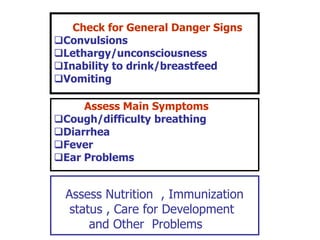Check for General Danger Signs
Convulsions
Lethargy/unconsciousness
Inability to drink/breastfeed
Vomiting
Assess Main Symptoms
Cough/difficulty breathing
Diarrhea
Fever
Ear Problems
Assess Nutrition , Immunization
status , Care for Development
and Other Problems
 