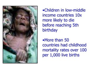 •Children in low-middle
income countries 10x
more likely to die
before reaching 5th
birthday
•More than 50
countries had childhood
mortality rates over 100
per 1,000 live births
 
