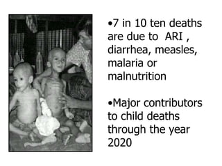 •7 in 10 ten deaths
are due to ARI ,
diarrhea, measles,
malaria or
malnutrition
•Major contributors
to child deaths
through the year
2020
 