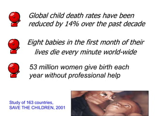 Study of 163 countries,
SAVE THE CHILDREN, 2001
53 million women give birth each
year without professional help
Global child death rates have been
reduced by 14% over the past decade
Eight babies in the first month of their
lives die every minute world-wide
 
