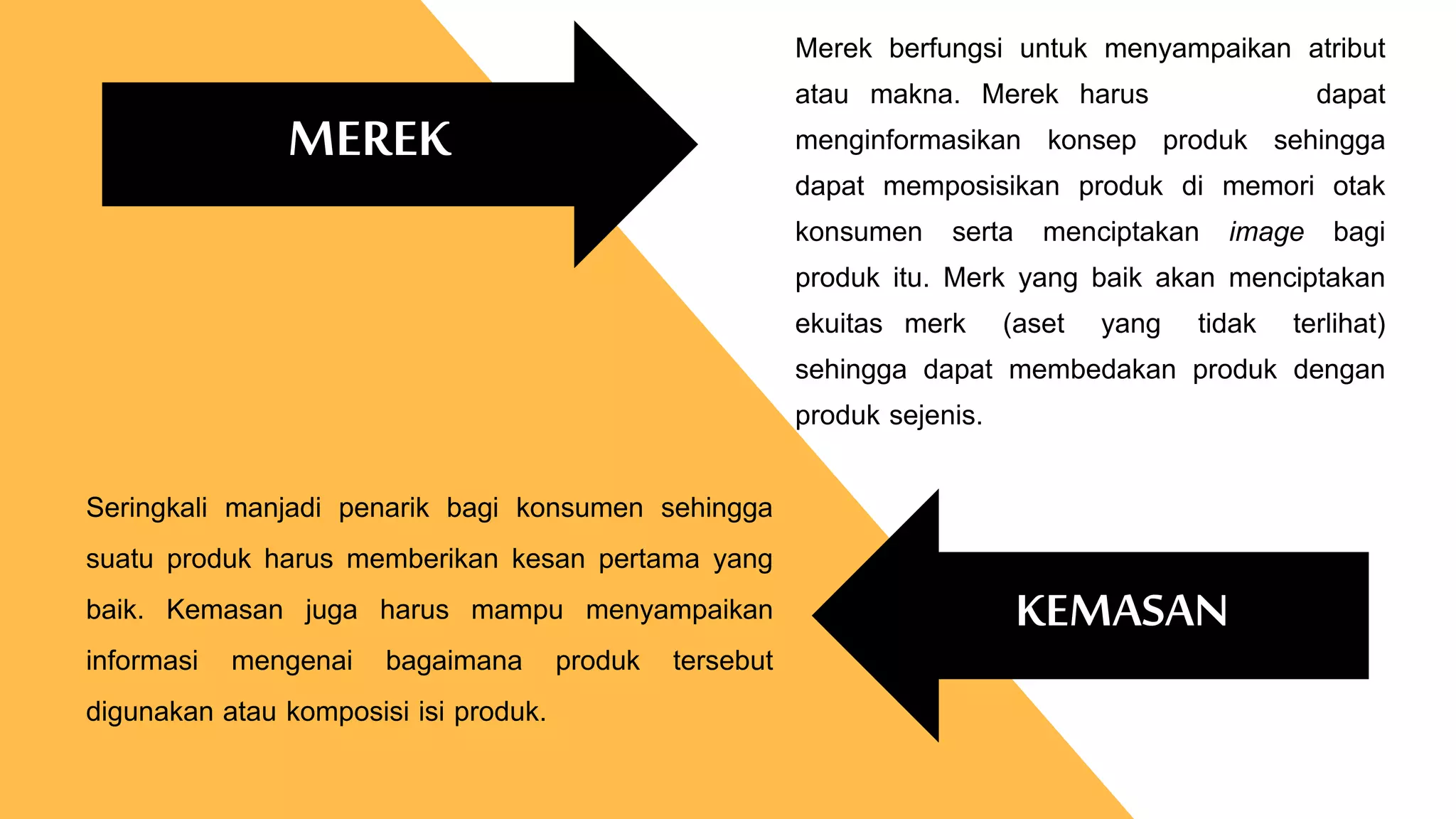 Merek berfungsi untuk menyampaikan atribut
atau makna. Merek harus dapat
menginformasikan konsep produk sehingga
dapat memposisikan produk di memori otak
konsumen serta menciptakan image bagi
produk itu. Merk yang baik akan menciptakan
ekuitas merk (aset yang tidak terlihat)
sehingga dapat membedakan produk dengan
produk sejenis.
Seringkali manjadi penarik bagi konsumen sehingga
suatu produk harus memberikan kesan pertama yang
baik. Kemasan juga harus mampu menyampaikan
informasi mengenai bagaimana produk tersebut
digunakan atau komposisi isi produk.
MEREK
KEMASAN
 