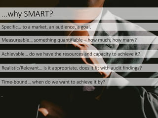 …why SMART?
Specific… to a market, an audience, a goal,
Measureable… something quantifiable – how much, how many?
Achievable… do we have the resources and capacity to achieve it?
Realistic/Relevant… is it appropriate, does it fit with audit findings?
Time-bound… when do we want to achieve it by?
 