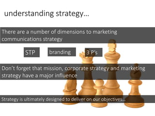 understanding strategy…
There are a number of dimensions to marketing
communications strategy
Don’t forget that mission, corporate strategy and marketing
strategy have a major influence
Strategy is ultimately designed to deliver on our objectives…
brandingSTP 3 P’s
 