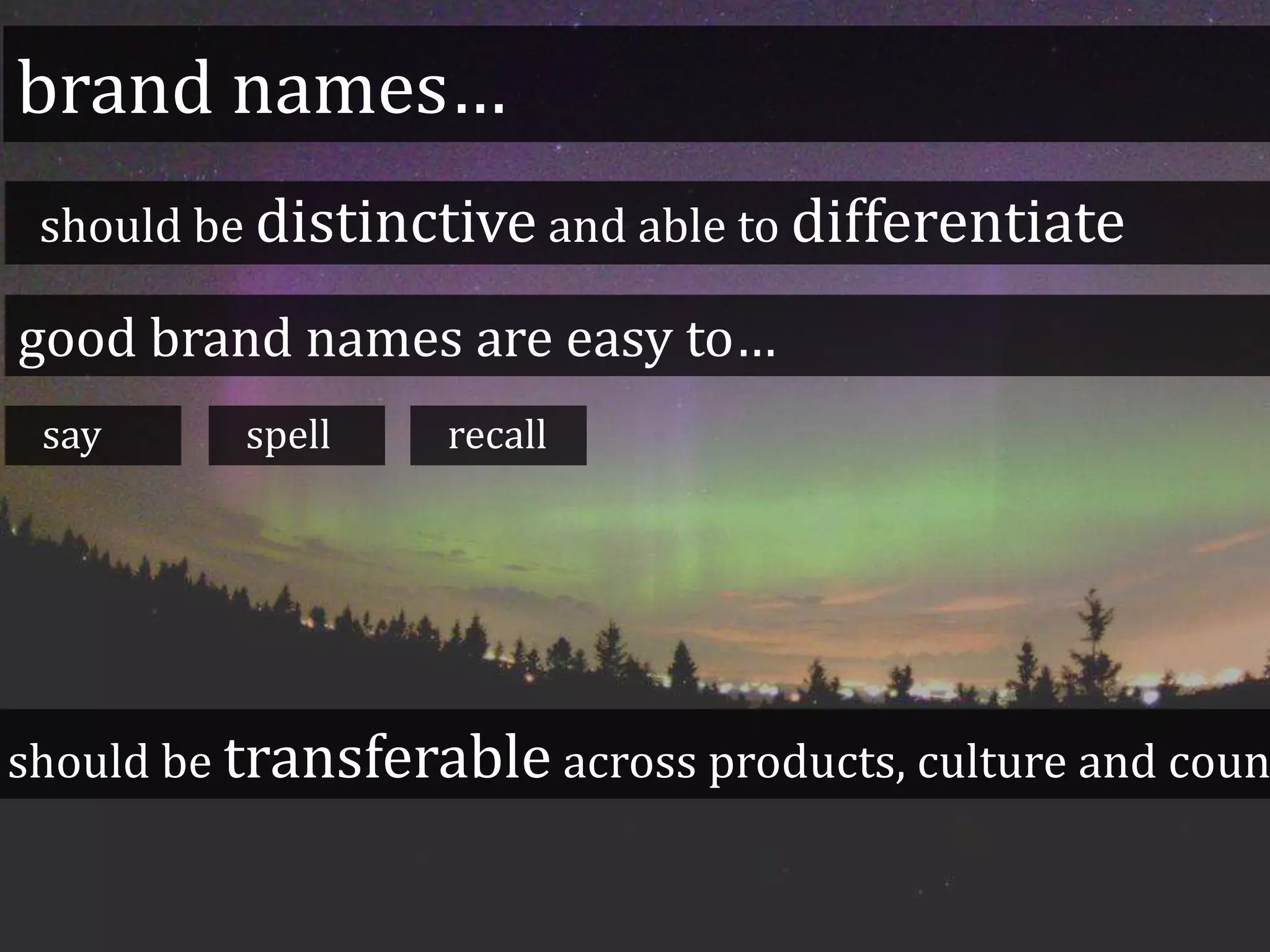 brand names…
should be distinctive and able to differentiate
good brand names are easy to…
say
should be transferable across products, culture and coun
spell recall
 