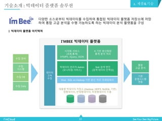 10
다양한 소스로부터 빅데이터를 수집하여 통합된 빅데이터 플랫폼 저장소에 저장
하여 통합 고급 분석을 수행 가능하도록 하는 빅데이터 분석 플랫폼을 구성
빅데이터 플랫폼 아키텍쳐
데이터
고속
수집
시각화 서비스
(조회,통계)
HTMP5, JQuery, JSON
R 기반 분산화된
통계 분석 처리
빅데이터 관리자 Admin
(모니터링 서비스)
Solr 검색 엔진
(검색 데이터 인덱싱)
Hive : SQL on Hadoop 기반 분산 처리 프레임워크
대용량 빅데이터 저장소 (Hadoop, HDFS, NoSQL 기반)
정형데이터, 반정형데이터, 비정형데이터 수용
I’MBEE 빅데이터 플랫폼
수집 장비
수집
시스템
수집 DB
수집 Data
통합
고급 분석
기존
운영시스템
연동
기술소개 : 빅데이터 플랫폼 솔루션 2. 제품&기술
 