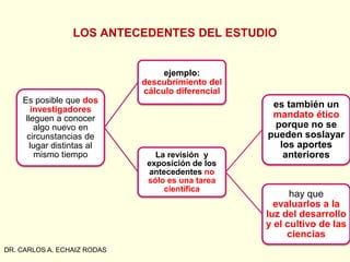 LOS ANTECEDENTES DEL ESTUDIO
DR. CARLOS A. ECHAIZ RODAS
Es posible que dos
investigadores
lleguen a conocer
algo nuevo en
circunstancias de
lugar distintas al
mismo tiempo
ejemplo:
descubrimiento del
cálculo diferencial
La revisión y
exposición de los
antecedentes no
sólo es una tarea
científica
es también un
mandato ético
porque no se
pueden soslayar
los aportes
anteriores
hay que
evaluarlos a la
luz del desarrollo
y el cultivo de las
ciencias
 