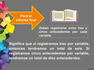 Significa que si registramos tres por variable,
entonces tendremos un total de seis. Si
registramos cinco antecedentes por variable,
tendremos un total de diez antecedentes.
Para el
informe final
Deben registrarse entre tres y
cinco antecedentes por cada
variable.
 