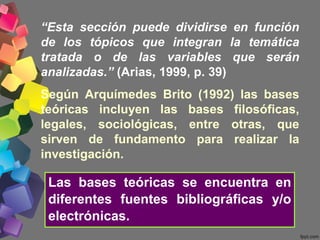 “Esta sección puede dividirse en función
de los tópicos que integran la temática
tratada o de las variables que serán
analizadas.” (Arias, 1999, p. 39)
Según Arquímedes Brito (1992) las bases
teóricas incluyen las bases filosóficas,
legales, sociológicas, entre otras, que
sirven de fundamento para realizar la
investigación.
Las bases teóricas se encuentra en
diferentes fuentes bibliográficas y/o
electrónicas.
 