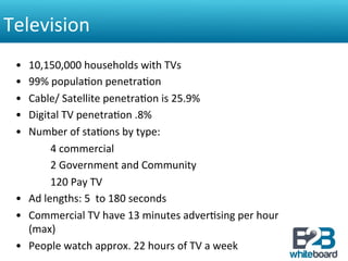 Television	
  
 •       10,150,000	
  households	
  with	
  TVs	
  
 •       99%	
  popula&on	
  penetra&on	
  
 •       Cable/	
  Satellite	
  penetra&on	
  is	
  25.9%	
  
 •       Digital	
  TV	
  penetra&on	
  .8%	
  
 •       Number	
  of	
  sta&ons	
  by	
  type:	
  
    	
       	
  4	
  commercial	
  
    	
       	
  2	
  Government	
  and	
  Community	
  
    	
       	
  120	
  Pay	
  TV	
  
 •  Ad	
  lengths:	
  5	
  	
  to	
  180	
  seconds	
  
 •  Commercial	
  TV	
  have	
  13	
  minutes	
  adver&sing	
  per	
  hour	
  
         (max)	
  
 •  People	
  watch	
  approx.	
  22	
  hours	
  of	
  TV	
  a	
  week	
  
 