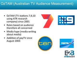 OzTAM (Australian TV Audience Measurement)


 •  OzTAM	
  (TV	
  sta&ons	
  7,9,10	
  
    using	
  ATR	
  research	
  
    company)	
  since	
  2001	
  
 •  Rates	
  based	
  on	
  audience	
  
    therefore	
  all	
  concerned	
  
 •  Media	
  hype	
  (media	
  wri&ng	
  
    about	
  media)	
  
 •  Addi&on	
  of	
  payTV	
  since	
  
    August	
  2003	
  
 