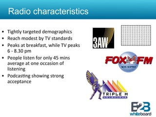 Radio characteristics

•  Tightly	
  targeted	
  demographics	
  
•  Reach	
  modest	
  by	
  TV	
  standards	
  
•  Peaks	
  at	
  breakfast,	
  while	
  TV	
  peaks	
  
   6	
  -­‐	
  8.30	
  pm	
  
•  People	
  listen	
  for	
  only	
  45	
  mins	
  
   average	
  at	
  one	
  occasion	
  of	
  
   listening	
  
•  Podcas&ng	
  showing	
  strong	
  
   acceptance	
  
 