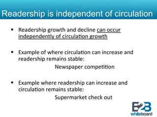Readership is independent of circulation
  §  Readership	
  growth	
  and	
  decline	
  can	
  occur	
  
      independently	
  of	
  circula&on	
  growth	
  

  §  Example	
  of	
  where	
  circula&on	
  can	
  increase	
  and	
  
          readership	
  remains	
  stable:	
  
      	
   	
    	
       	
  Newspaper	
  compe&&on	
  

  §  Example	
  where	
  readership	
  can	
  increase	
  and	
  
          circula&on	
  remains	
  stable:	
  
      	
   	
     	
  	
   	
  Supermarket	
  check	
  out	
  
 