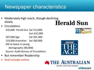 Newspaper characteristics

•  Moderately	
  high	
  reach,	
  though	
  declining	
  
   slowly	
  
•  Circula&ons	
  
    535,000	
  	
  Herald	
  Sun	
  	
  Sat	
  513,000	
  
      	
   	
        	
            	
  Sun	
  615,000	
  
    207,000	
  Age	
  	
           	
  Sat	
  301,000	
  
    133,000	
  Australian	
   	
  Sat	
  300,000	
  
    MX	
  to	
  boost	
  in	
  young	
  
      	
  demographic	
  (90,000)	
  
    Source:	
  Audit	
  Bureau	
  of	
  Circula&ons	
  
•  But	
  remember	
  Readership	
  
•  And	
  include	
  online	
  
    	
  
 