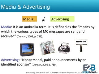 Media & Advertising

                       Media                 =           Adver&sing

Media:	
  It	
  is	
  an	
  umbrella	
  term.	
  It	
  is	
  deﬁned	
  as	
  the	
  “means	
  by	
  
which	
  the	
  various	
  types	
  of	
  MC	
  messages	
  are	
  sent	
  and	
  
received”	
  (Duncan,	
  2005,	
  p.	
  736).	
  




Adver&sing:	
  “Nonpersonal,	
  paid	
  announcements	
  by	
  an	
  
iden&ﬁed	
  sponsor”	
  (Duncan,	
  2005	
  p.	
  730).	
  
                          For use only with Duncan texts. © 2005 McGraw-Hill Companies, Inc. McGraw-Hill/IrwinBrands
 
