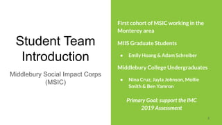 Student Team
Introduction
Middlebury Social Impact Corps
(MSIC)
2
First cohort of MSIC working in the
Monterey area
MIIS Graduate Students
● Emily Hoang & Adam Schreiber
Middlebury College Undergraduates
● Nina Cruz, Jayla Johnson, Mollie
Smith & Ben Yamron
Primary Goal: support the IMC
2019 Assessment
 