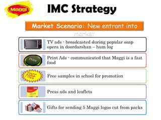 IMC Strategy
Market Scenario: New entrant into
            market
    TV ads - broadcasted during popular soap
    opera in doordarshan – hum log

    Print Ads - communicated that Maggi is a fast
    food

    Free samples in school for promotion


    Press ads and leaflets


    Gifts for sending 5 Maggi logos cut from packs
 