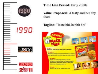 Time Line Period: Early 2000s

Value Proposed: A tasty and healthy
food.

Tagline: “Taste bhi, health bhi”
 