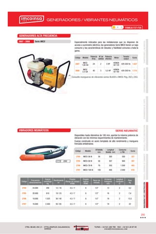 COMPRESORESyNEUMÁTICAEQUIPAMIENTOyMANUTENCIÓNHERRAMIENTASDECORTEBROCASyÚTILESCONSTRUCCIÓNDISCOSyCORONASDEDIAMANTEMAQUINARIAYACC.CONSTRUCCIÓN
255
FAMILIA F27-F28
GENERADORES / VIBRANTES NEUMÁTICOS
Código Modelo
Ø Botella
mm
Longitud
Botella mm
Consumo
L.P.M.
€uros
2704 IMCO-36-N 36 300 500 327
2705 IMCO-58-N 58 307 900 397
2706 IMCO-78-N 78 350 1.500 493
2707 IMCO-100-N 100 400 2.000 616
Código Modelo
Potencia
Amp.
Nº de
salidas
Potencia
efectiva
Motor
Tensión
output
€uros
2807
IMCO
1,80-GA
24 2 4 HP
HONDA
GX 120
42V-200 Hz 1.637
2808
IMCO
2,5-GA
40 3 5,5 HP
HONDA
GX 160
42V-200 Hz 1.715
Especialmente indicados para las instalaciones que no disponen de
acceso a suministro eléctrico, los generadores Serie IMCO tienen un bajo
consumo y las características de robustez y ﬁabilidad comunes a toda la
gama.
GENERADORES ALTA FRECUENCIA
2807 - 2808 Serie IMCO
Disponibles hasta diámetros de 100 mm, aportan la máxima potencia de
vibración con los mínimos requerimientos de mantenimiento.
Cuerpo construido en acero templado de alto rendimiento y manguera
trenzada antiabrasiva.
Código
Frecuencia
vibraciones/min
Fuerza
centrífuga
Kg
Rendimiento
m3
Presión
(Rango de trabajo)
ATMS
Presión
óptima
ATMS
Racor de
entrada
Ø Interior
manguera
mm
Longitud
manguera
m
Peso
Kg
2704 24.000 200 12 / 16 4,5 / 7 6 1/2” 13 2 4,2
2705 20.000 810 18 / 23 4,5 / 7 6 1/2” 16 2 7,4
2706 18.000 1.525 30 / 40 4,5 / 7 6 1/2” 19 2 13,5
2707 16.000 2.440 50 / 65 4,5 / 7 6 1/2” 19 2 22
VIBRADORES NEUMÁTICOS SERIE NEUMATIC
Consulte mangueras de vibración series BLACK e IMCO. Pág. 252 y 253.
2707Cód.
 