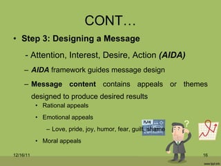 CONT… Step 3: Designing a Message - Attention, Interest, Desire, Action  (AIDA) AIDA  framework guides message design Message content  contains appeals or themes designed to produce desired results Rational appeals Emotional appeals Love, pride, joy, humor, fear, guilt, shame Moral appeals 12/16/11 