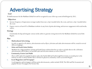 Advertising Strategy
 Goal
To build awareness for the Markham Global Fest and be recognized as one of the top events inYork Region by 2015.
 Objectives
—  Increase frequency of impressions on target market from once a day 6 months before the event, and twice a day 2 months before
the event
—  Expose event to at least 65% of Markham residents via any form of print advertising, and increase engagement with social media
outlets.
Strategy
Consistently develop and integrate various media outlets to generate strong interest for the Markham Global Fest acrossYork
Region.
Plan
1.  Multicultural Advertising
In order to appeal to all cultures, advertisements such as flyers, television and radio advertisements will be created in several
different languages.
2.  Asian and South Asian Outlets
Markham has a high population ofAsian and SouthAsian residents therefore in order to include them in the celebration
advertisements will be places on Fairchild radio and television stations as well as OmniTV.
3.  Community Centres and Malls
Flyers will be placed in popular locations such as the Pacific Mall and ScarboroughTown Centre on month prior to the
festival. In order to attract families flyers will also be placed in community centres acrossYork Region.
4.  Local Magazines and Newspaper
Local magazines and newspapers will have print advertisements, outlets include SNAP, The ERA andThe Economist and
popularToronto Newspaper,TheToronto Star.
8
 