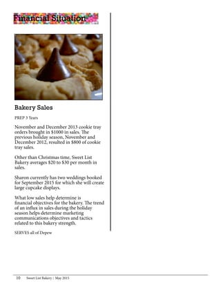 Sweet List Bakery May 201510
Financial Situation
November and December 2013 cookie tray
orders brought in $1000 in sales. The
previous holiday season, November and
December 2012, resulted in $800 of cookie
tray sales.
Other than Christmas time, Sweet List
Bakery averages $20 to $30 per month in
sales.
Sharon currently has two weddings booked
for September 2015 for which she will create
large cupcake displays.
What low sales help determine is
financial objectives for the bakery. The trend
of an influx in sales during the holiday
season helps determine marketing
communications objectives and tactics
related to this bakery strength.
SERVES all of Depew
Bakery Sales
PREP 3 Years
 