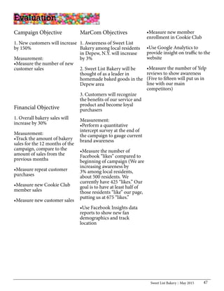 Sweet List Bakery May 2015 47
MarCom Objectives
	
1. Awareness of Sweet List
Bakery among local residents
in Depew, N.Y. will increase
by 3%
2. Sweet List Bakery will be
thought of as a leader in
homemade baked goods in the
Depew area
3. Customers will recognize
the benefits of our service and
product and become loyal
purchasers
Measurement:
•Perform a quantitative
intercept survey at the end of
the campaign to gauge current
brand awareness
•Measure the number of
Facebook “likes” compared to
beginning of campaign (We are
increasing awareness by
3% among local residents,
about 500 residents. We
currently have 425 “likes.” Our
goal is to have at least half of
those residents “like” our page,
putting us at 675 “likes.”
•Use Facebook Insights data
reports to show new fan
demographics and track
location
Evaluation
Campaign Objective
1. New customers will increase
by 150%
Measurement:
•Measure the number of new
customer sales
Financial Objective
1. Overall bakery sales will
increase by 30%
Measurement:
•Track the amount of bakery
sales for the 12 months of the
campaign, compare to the
amount of sales from the
previous months
•Measure repeat customer
purchases
•Measure new Cookie Club
member sales
•Measure new customer sales
			
•Measure new member
enrollment in Cookie Club
•Use Google Analytics to
provide insight on traffic to the
website
•Measure the number of Yelp
reviews to show awareness
(Five to fifteen will put us in
line with our main
competitors)
 